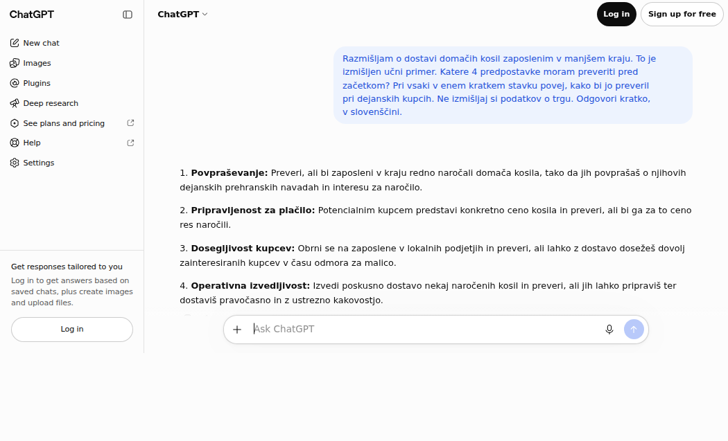 An actual ChatGPT response in Slovenian listing four assumptions for a lunch delivery idea.