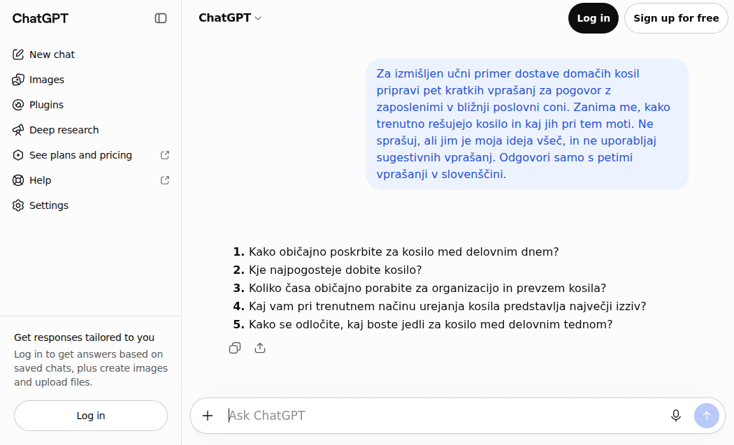 An actual ChatGPT response in Slovenian with five questions about lunch habits.